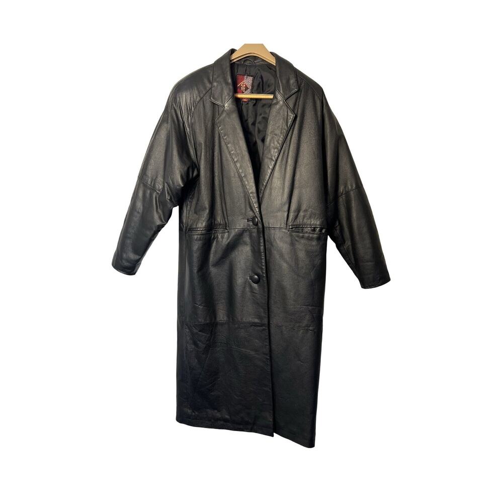 G-III Black Leather Trench Coat Womens Size M Long Maxi Jacket Button Front Vntg - Picture 2 of 14